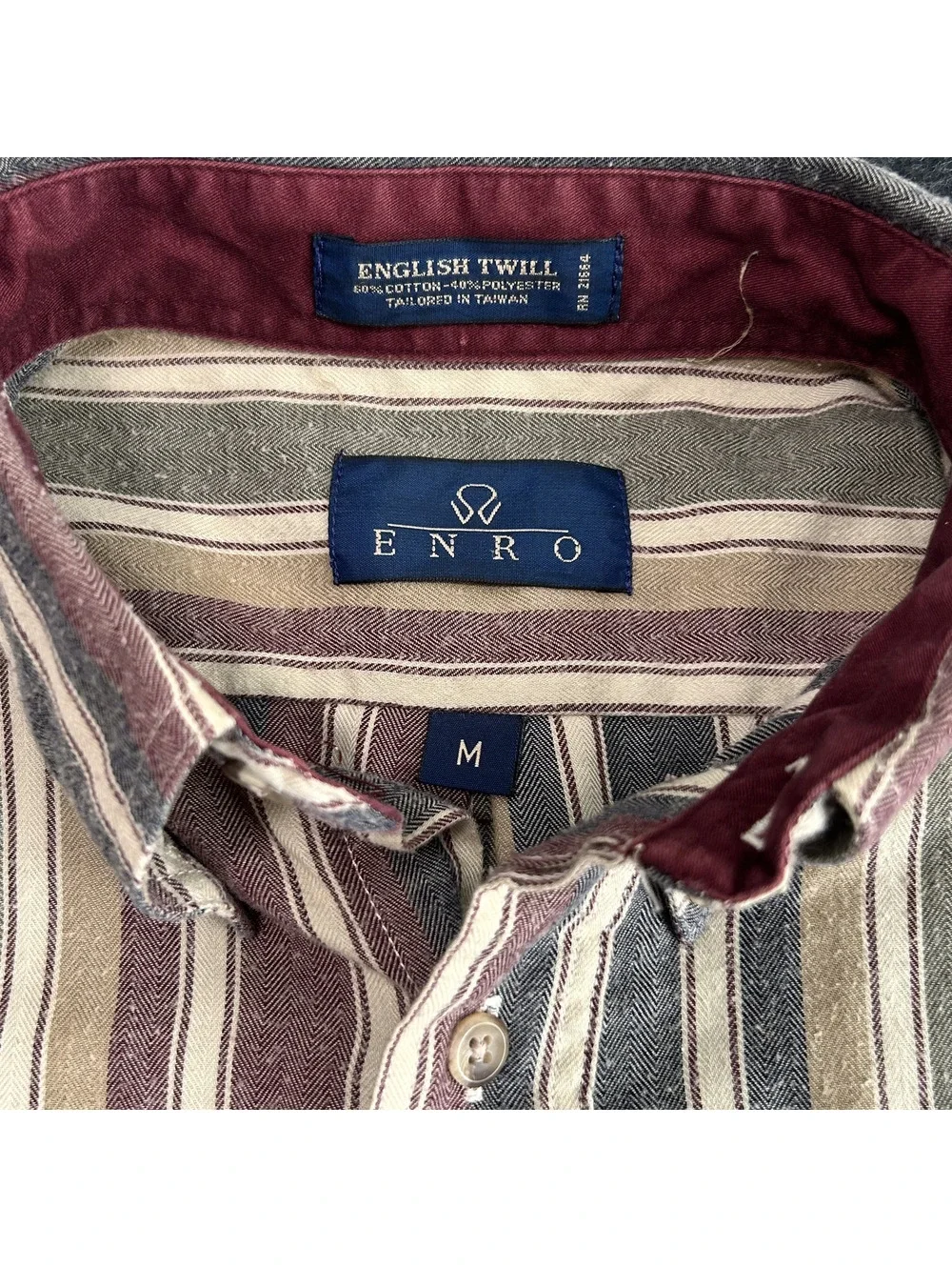 Vintage Enro English Twill Striped Button Down Shirt Men’s Medium Long Sleeve